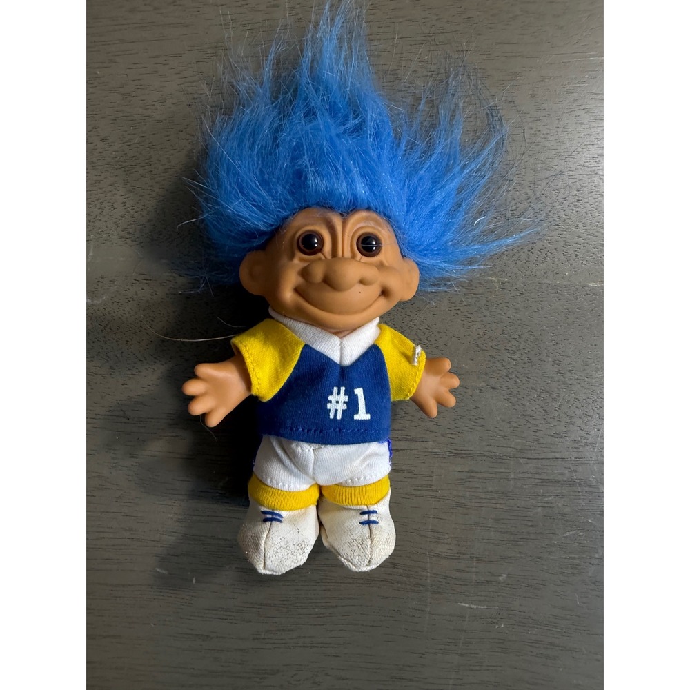 Vintage Russ Berrie Troll Doll Blue Hair Sports Soccer Player #1 Uniform 5 Inch